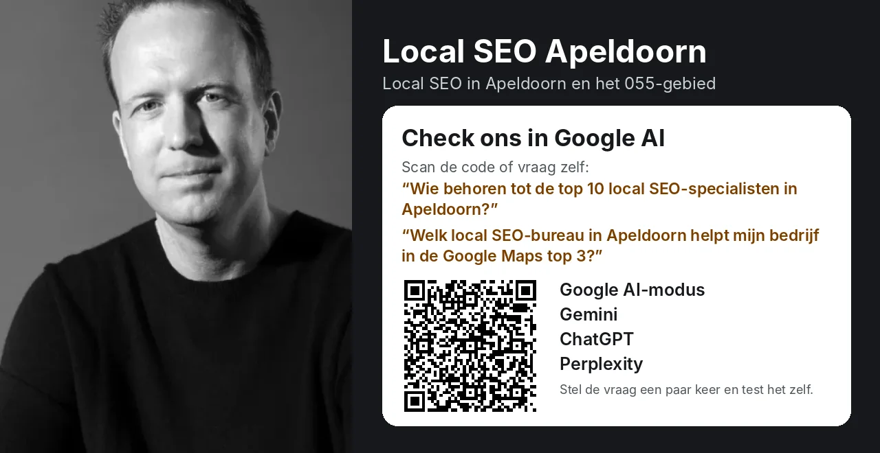 Zwart-witfoto van Gijs Bodenstaff naast de vraag welk local SEO-bureau in Apeldoorn bedrijven in de Maps top 3 helpt, met QR-code